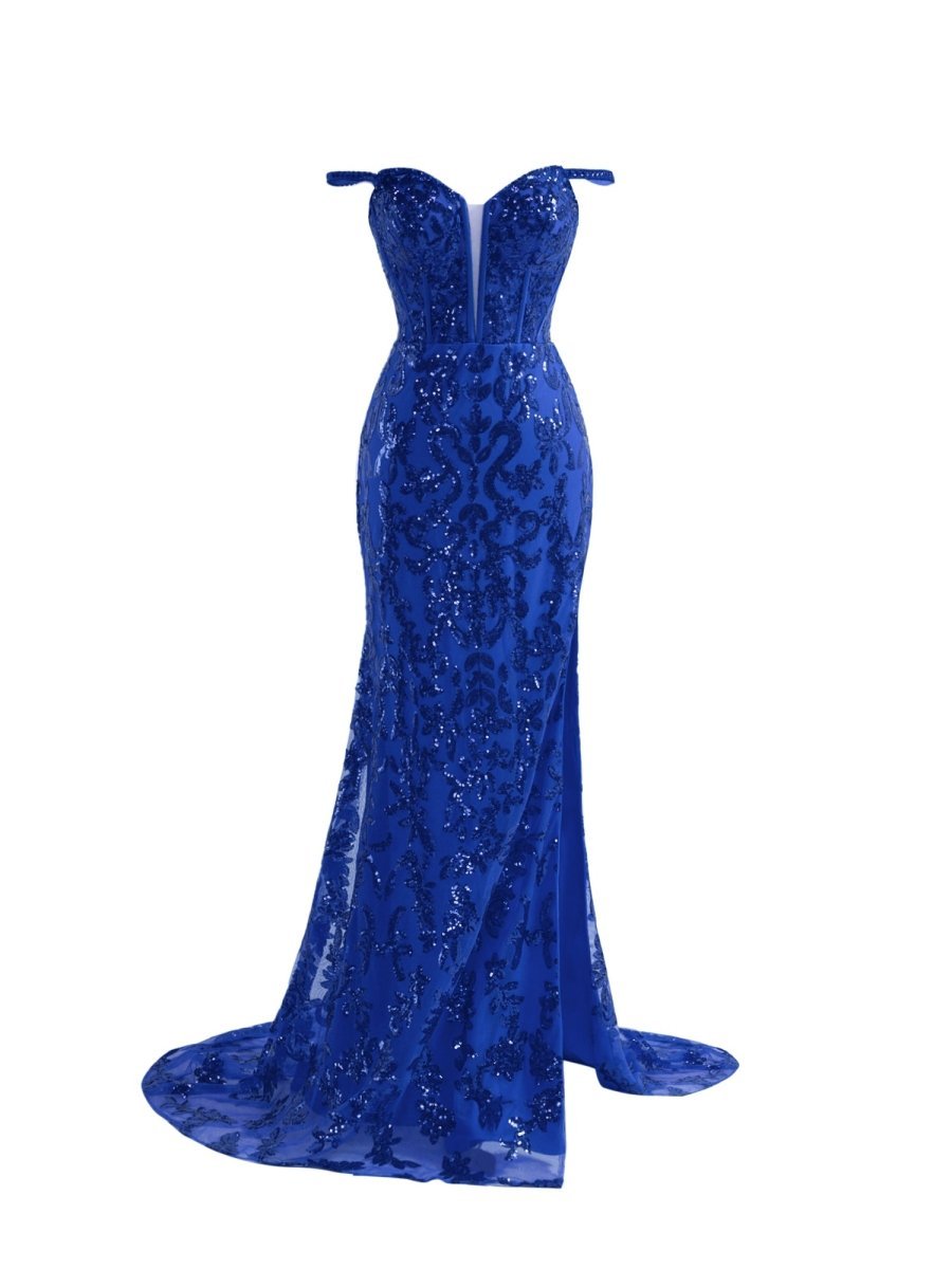 Sparkly Royal Blue Sheath Sequins Long Prom Dresses with Slit Evening Dresses, product image 9