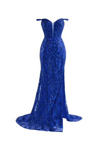 Sparkly Royal Blue Sheath Sequins Long Prom Dresses with Slit Evening Dresses, product image 9