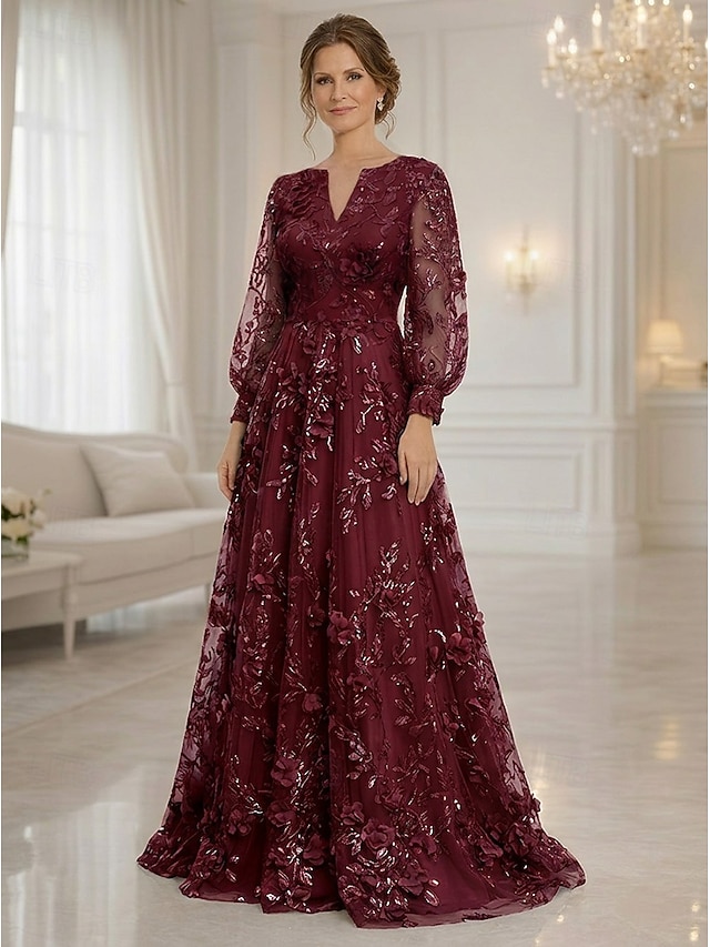 a-line floor length mother of the bride dresses cocktail dresses party dresses long sleeve v neck elegant vintage luxurious lace with 3d flowers, supplier image 8