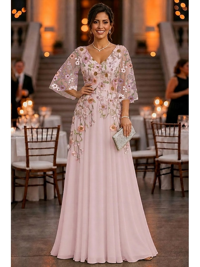 a-line floor length mother of the bride dresses 3/4 length sleeve v neck elegant luxurious casual chiffon lace with 3d flowers, supplier image 1
