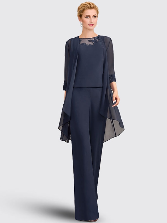 3 piece jumpsuit pantsuit floor-length mother of the bride dress wedding guest dress formal dress jewel neck sleeveless chiffon lace elegant, supplier image 4