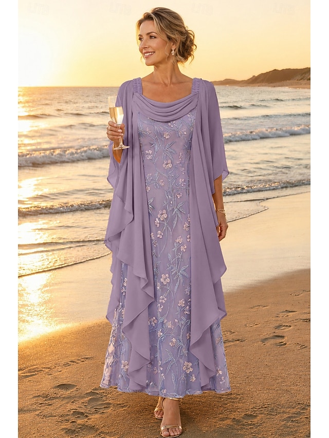 a-line ankle length mother of the bride dresses long sleeve scoop neck elegant vintage chiffon lace with ruffles, supplier image 8