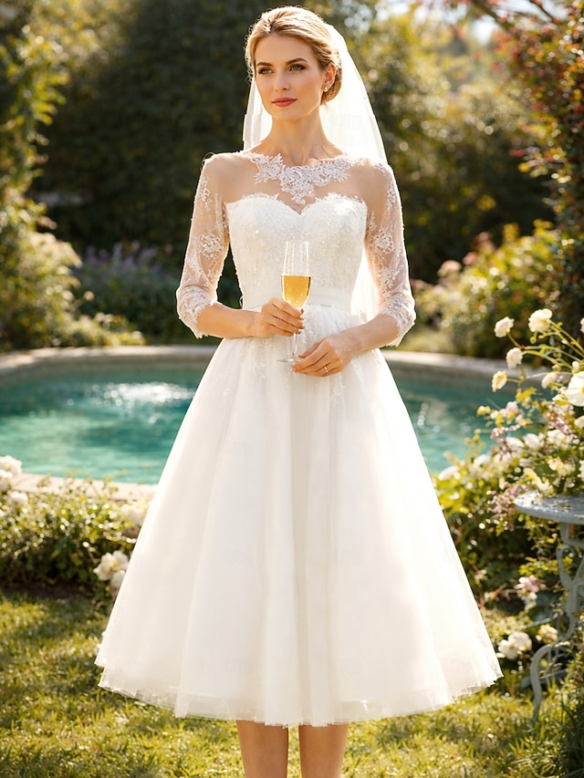 a-line tea-length little white dress wedding dress illusion neck 3/4 sleeves lace tulle, supplier image 1