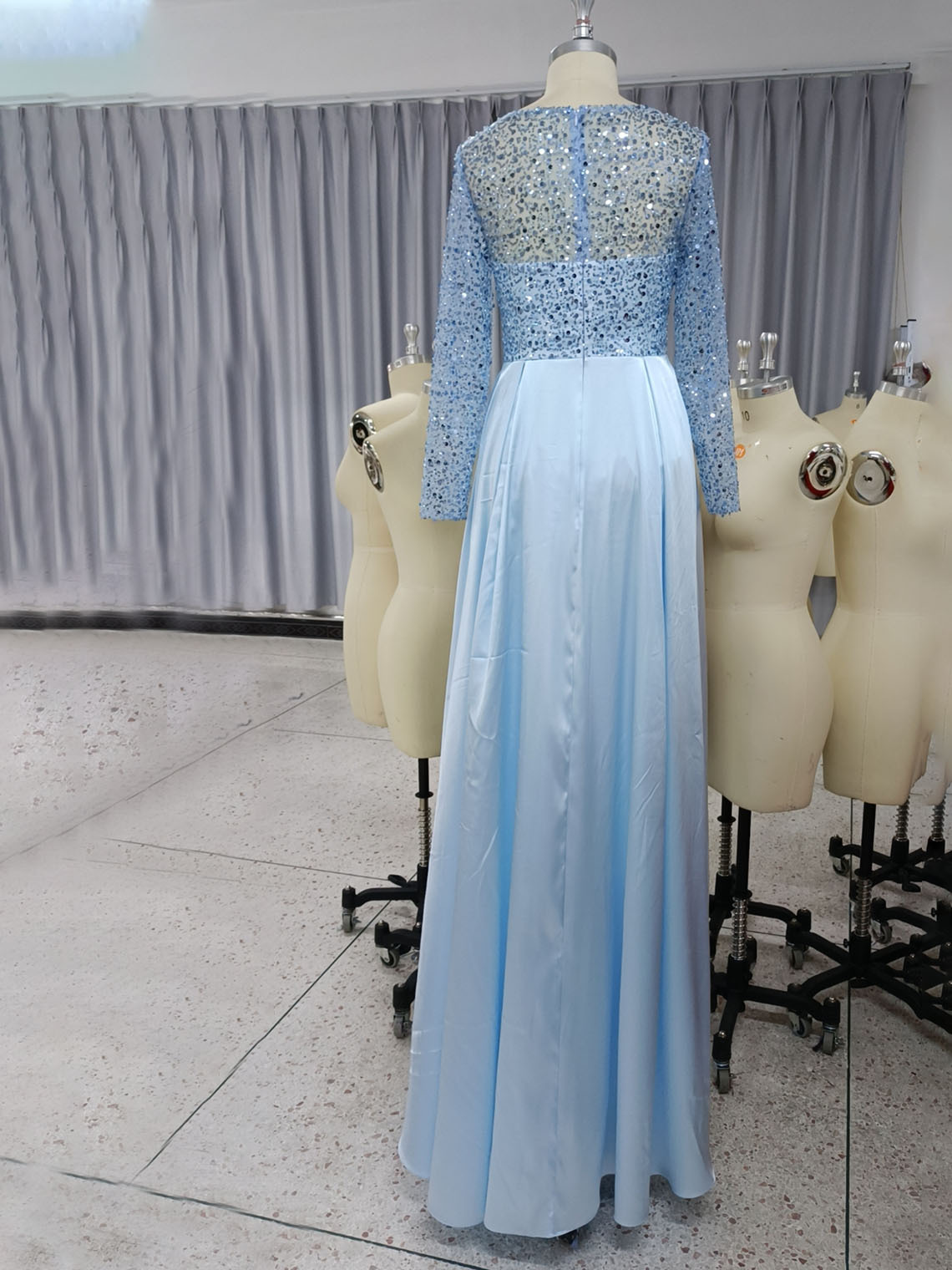 Mermaid Sequin Satin Long Sleeves with Pearls Long Evening Dress