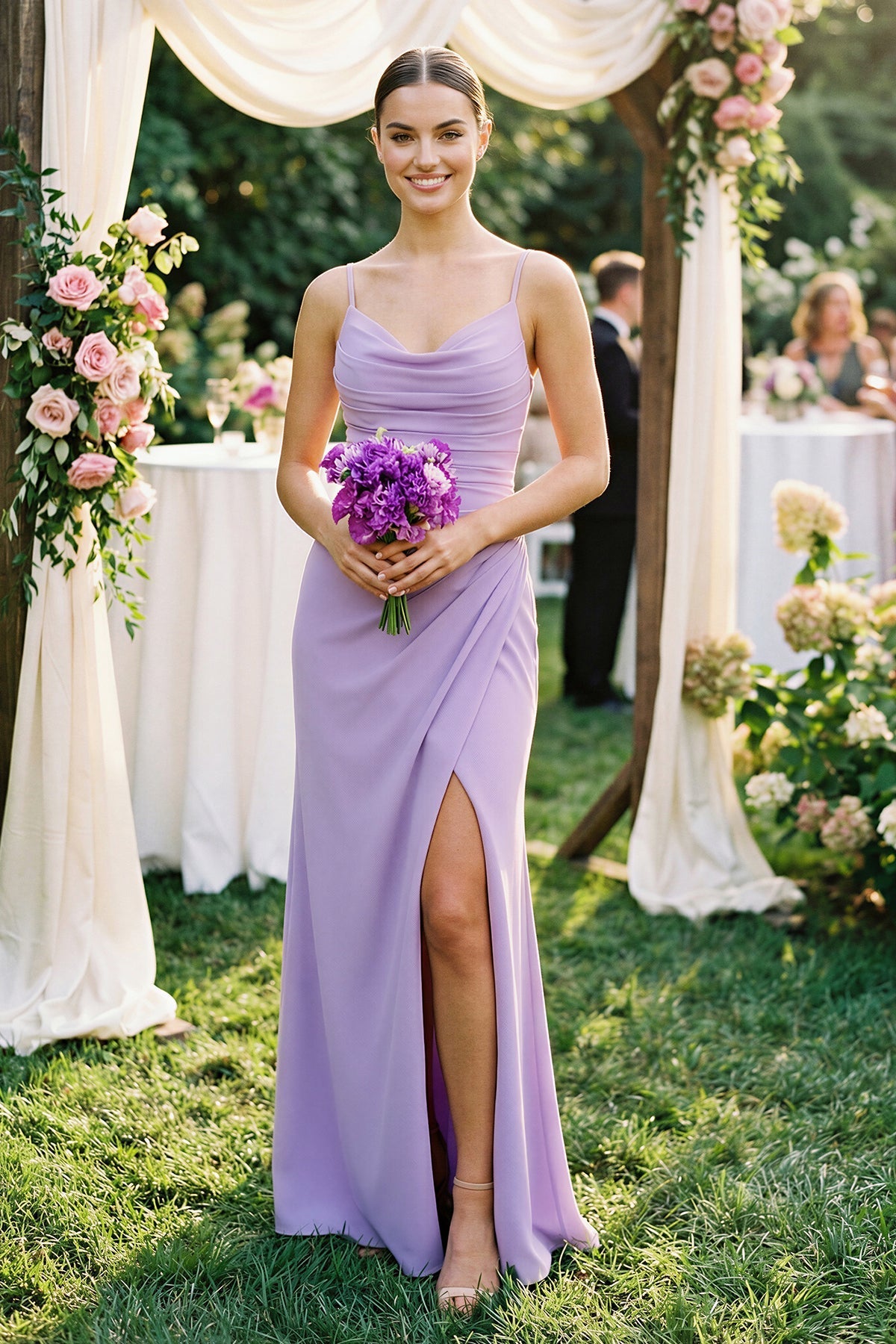 Ruched Sheath Spaghetti Strap Chiffon Bridesmaid Dresses in Lavender, product image 4