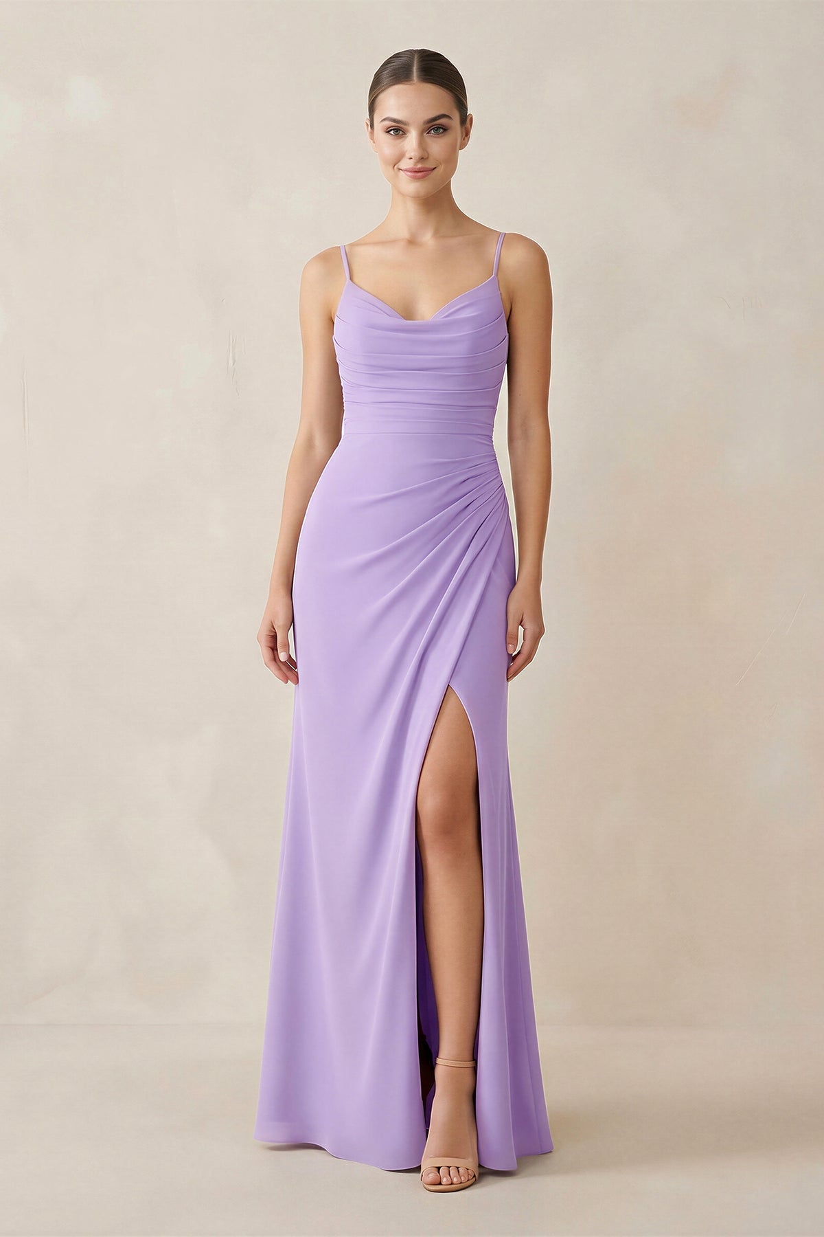 Ruched Sheath Spaghetti Strap Chiffon Bridesmaid Dresses in Lavender, product image 1