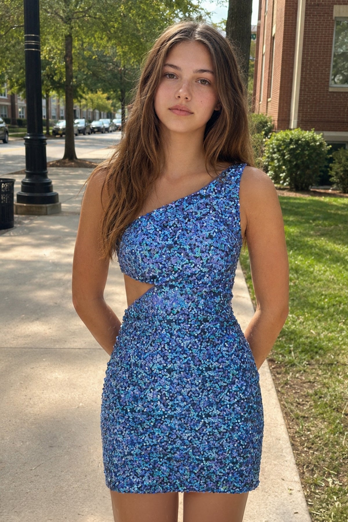 Blue - One Shoulder Sequins Bodycon Cut out Mini Homecoming Dresses, supplier image 1