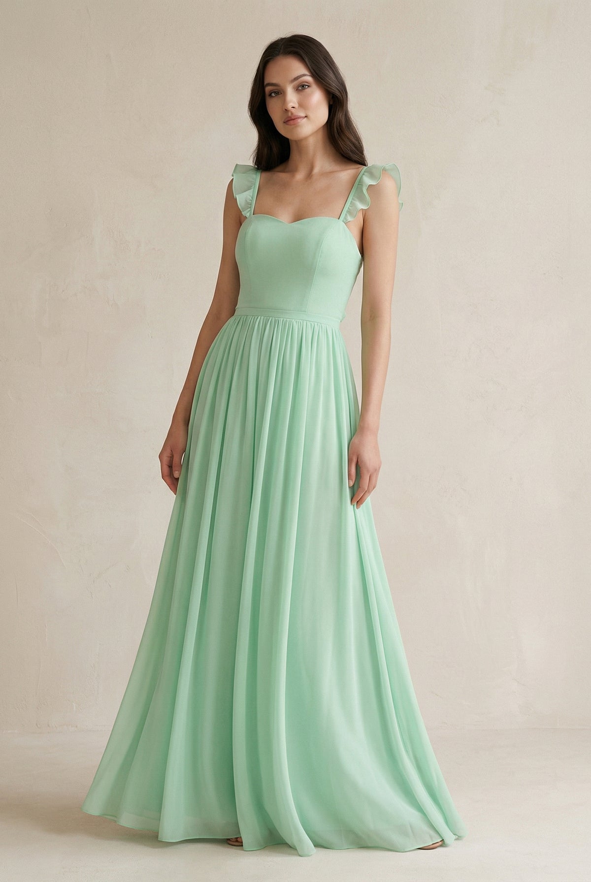 Ruffled Spaghetti Strap Chiffon A-Line Bridesmaid Dresses in Pale Pistachio, product image 1