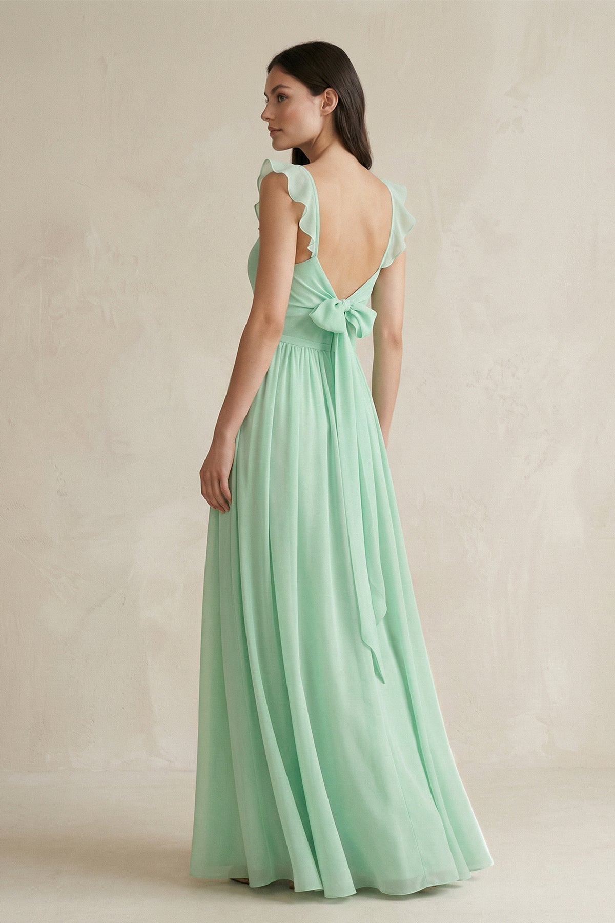Ruffled Spaghetti Strap Chiffon A-Line Bridesmaid Dresses in Pale Pistachio, product image 2