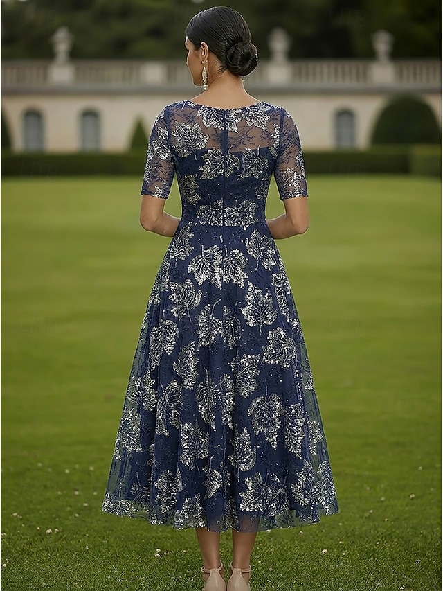 a-line mother of the bride dresses tea length lace with sequin half sleeve scoop neck elegant, supplier image 3