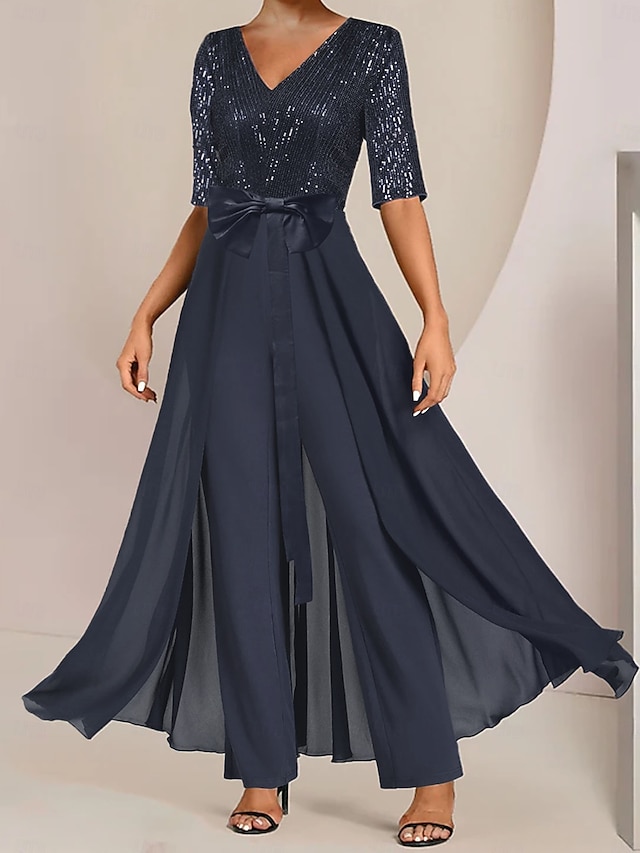jumpsuit pantsuit jumpsuit pantsuit ankle length mother of the bride dresses half sleeve scoop neck elegant chiffon with bow(s), supplier image 6