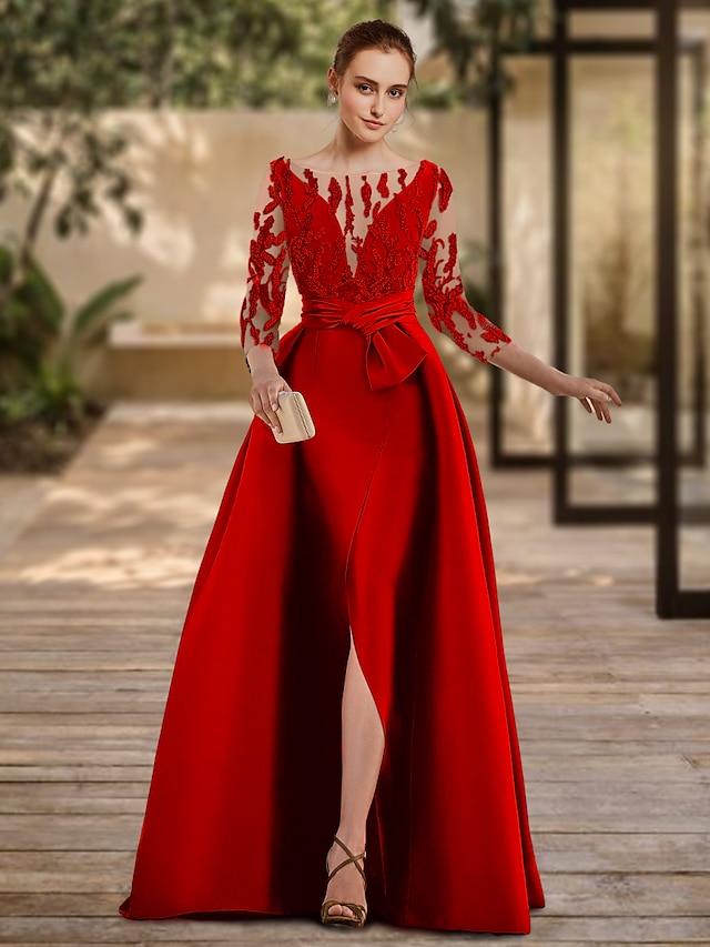 a-line floor-length mother of the bride dress wedding guest dress evening gown scoop neck 3/4 sleeves lace, supplier image 6