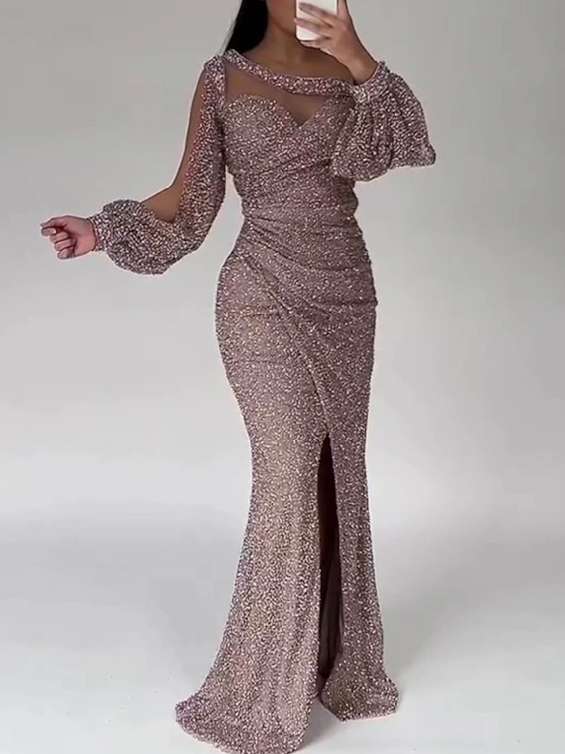 Sparkle Mermaid Sequin Long Sleeve Scoop Neck with Slit Evening Dress