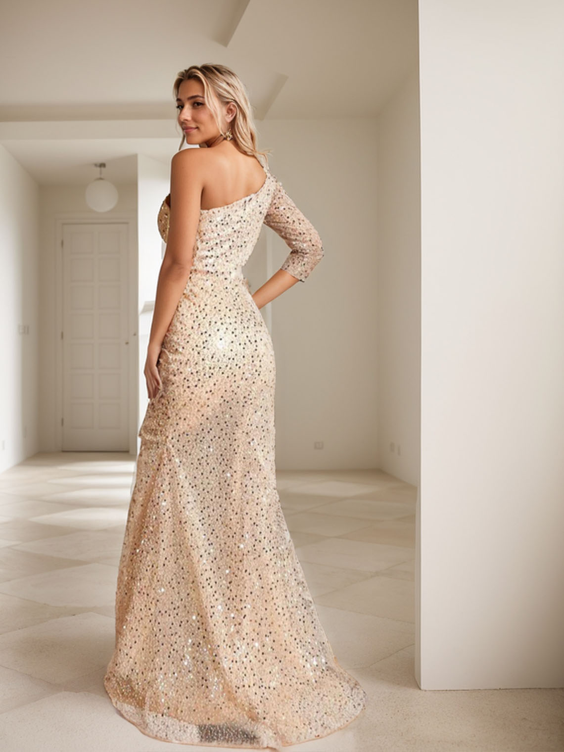 Champagne Mermaid Sequin One Shoulder With High Split Long Prom Dress