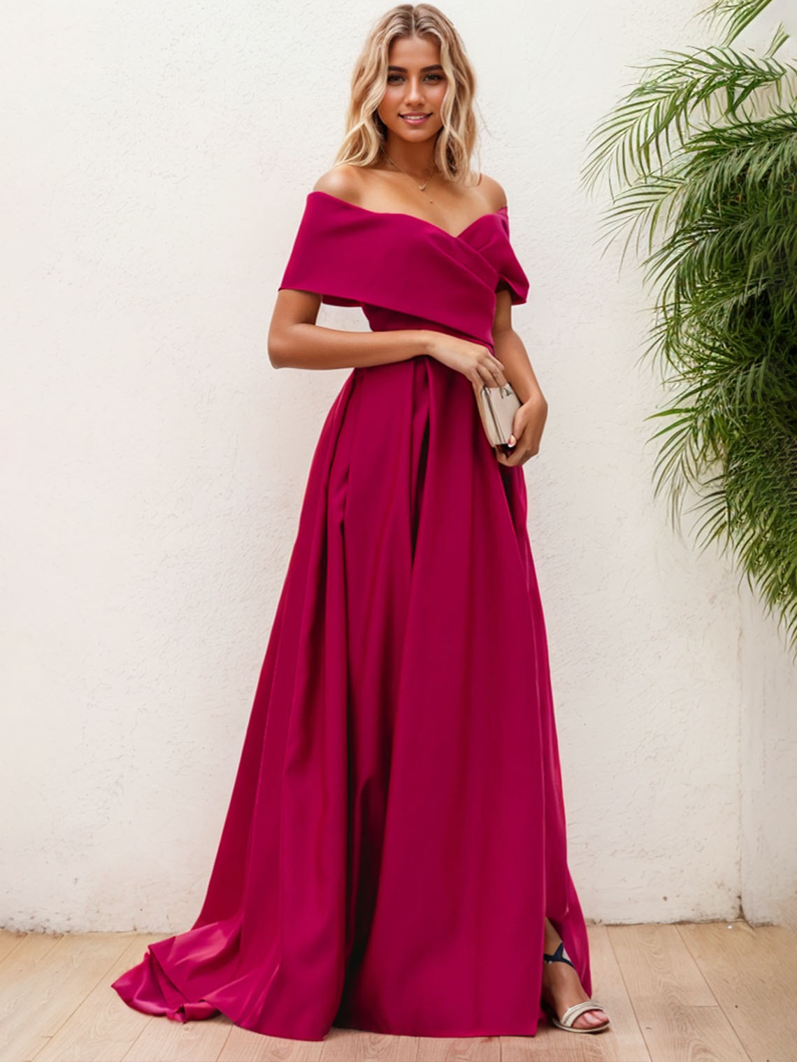 Fuchsia Satin A Line Off Shoulder Sleeveless with Slit Evening Dress