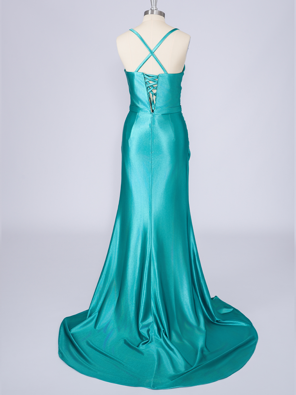 Aqua Blue Mermaid Satin Spaghetti Sleeveless With Slit Long Prom Dress