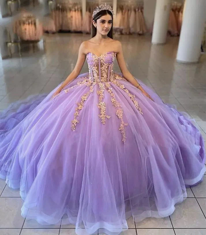 Sky Blue Ball-Gown Tulle 3D Flowers Sweetheart Quinceanera Dresses