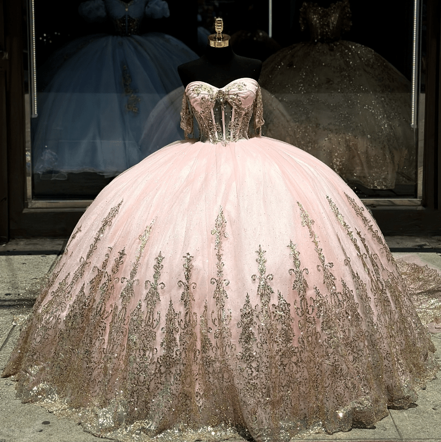 Pink Ball Gown Tulle Off-the-Shoulder Quinceanera Dresses with Sequins