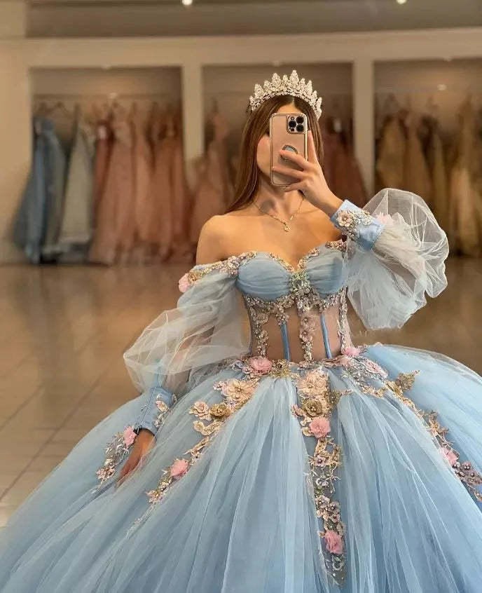 Sky Blue Quinceanera Dresses with 3D Flowers and Half Sleeve