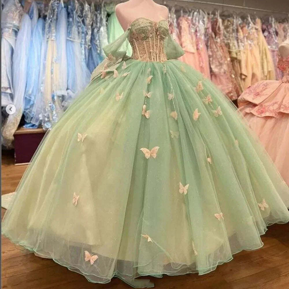 Ball Gown Sage Green Tulle Quinceanera Dresses With Butterflies