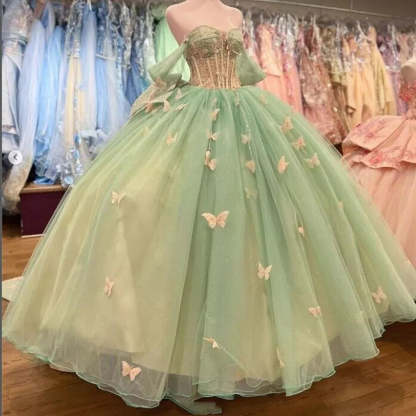 Ball Gown Sage Green Tulle Quinceanera Dresses With Butterflies
