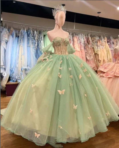 Ball Gown Sage Green Tulle Quinceanera Dresses With Butterflies