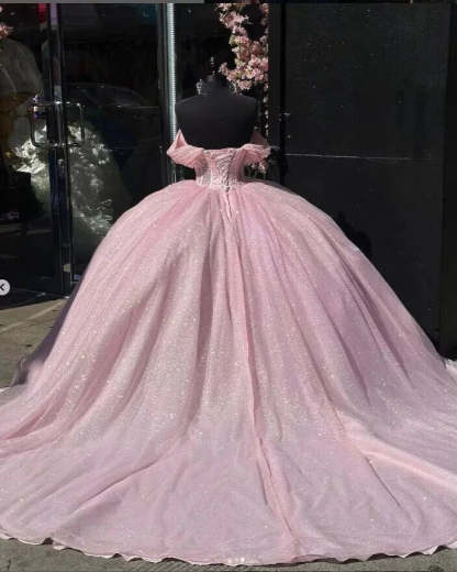 Glitter Off The Shoulder Pink Ball Gown Quinceanera Dresses