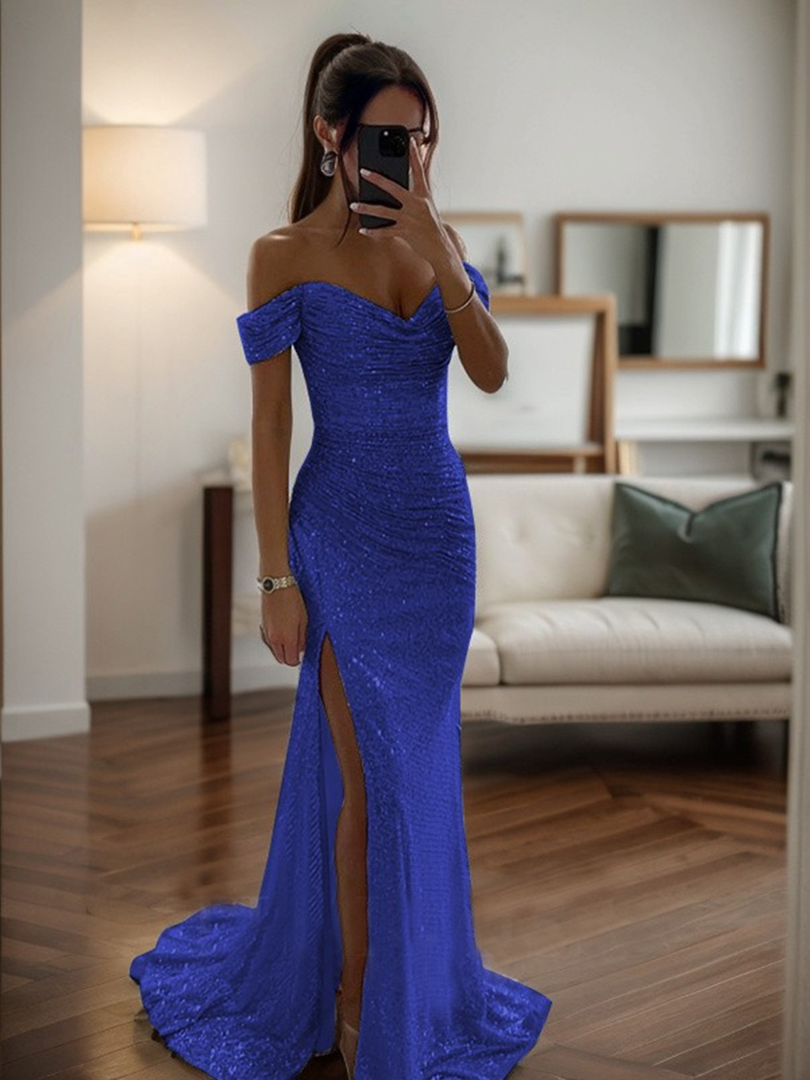 Mermaid Off-the-Shoulde Ruched Sleeveless Sweep Train Prom Dress