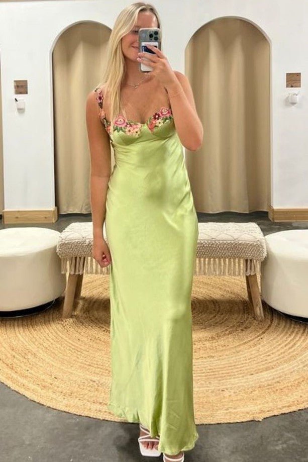 Green Spaghetti Straps Sheath Appliques Satin Prom Dresses Evening Dresses, product image 1