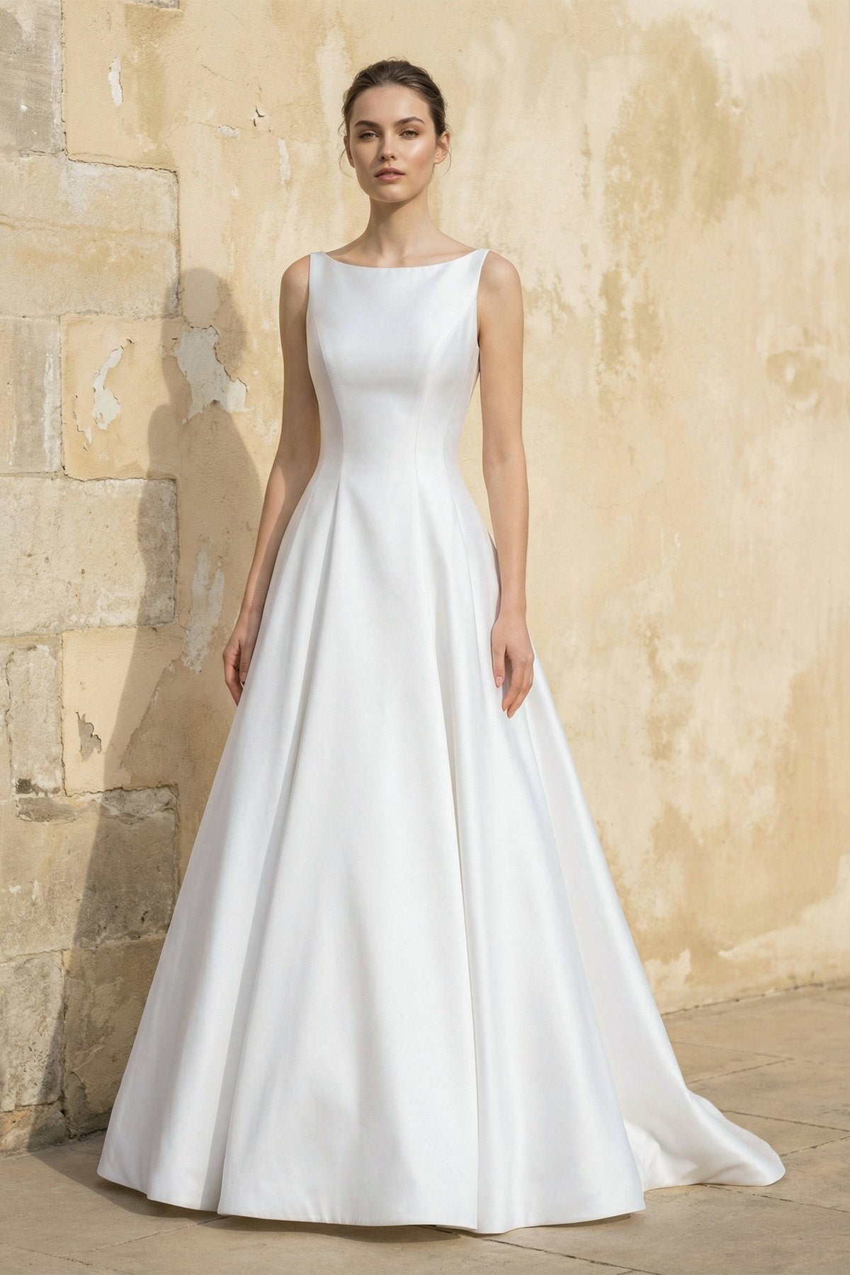 Satin A Line Open Back Ball Gown With Bow in White Wedding Dresses, product image 1