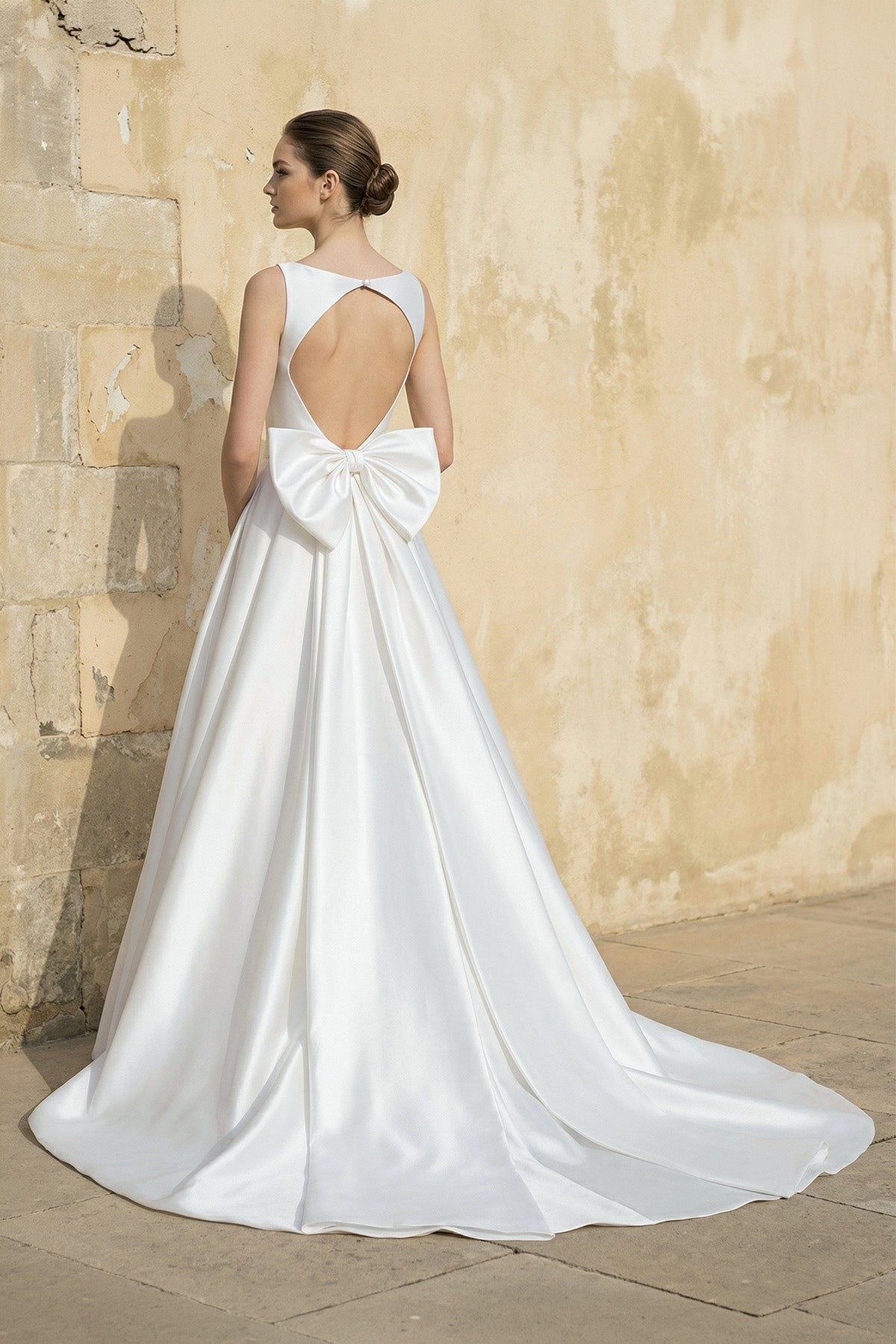 Satin A Line Open Back Ball Gown With Bow in White Wedding Dresses, product image 2