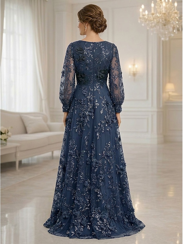 a-line floor length mother of the bride dresses cocktail dresses party dresses long sleeve v neck elegant vintage luxurious lace with 3d flowers, supplier image 3