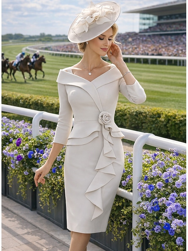 mother of the bride dresses wedding guest dresses tea length stretch fabric 3/4 length sleeve v neck, supplier image 3