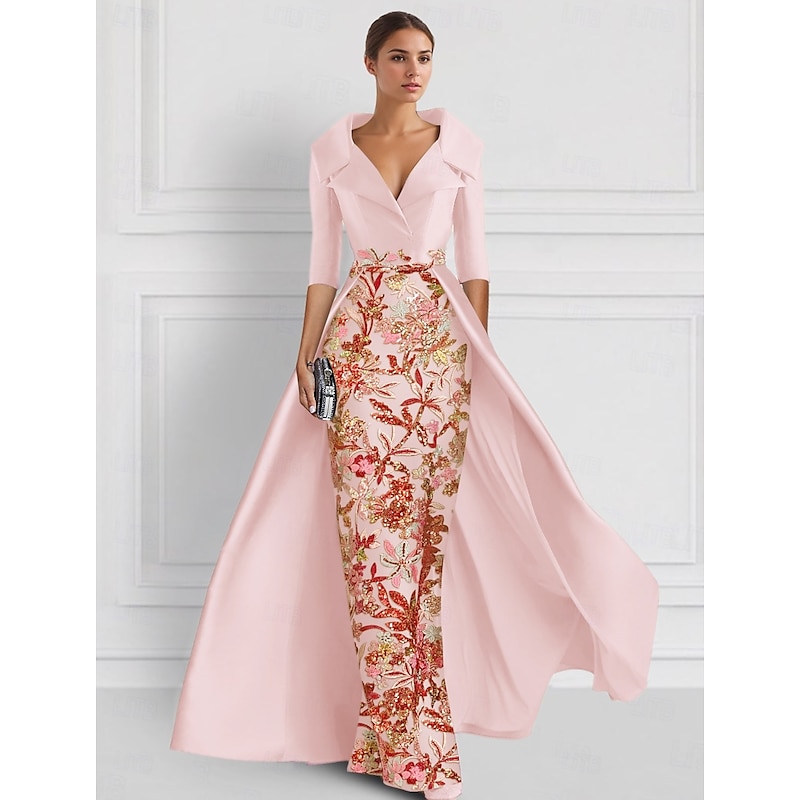 Beaded Eembroidered Ball Gown A-Line Evening Gown Mother of the Bride Dress Formal Dress Elegant Wedding Floor Length Half Sleeve Shirt Collar Satin with Slit Appliques