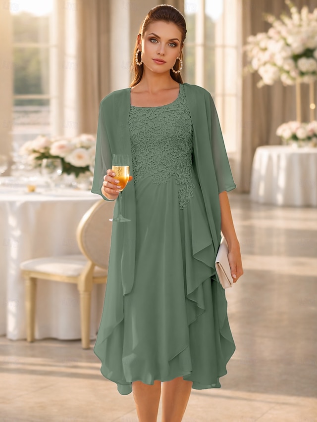 two piece a-line knee-length mother of the bride dress wedding guest dress sleeveless chiffon lace elegant, supplier image 18