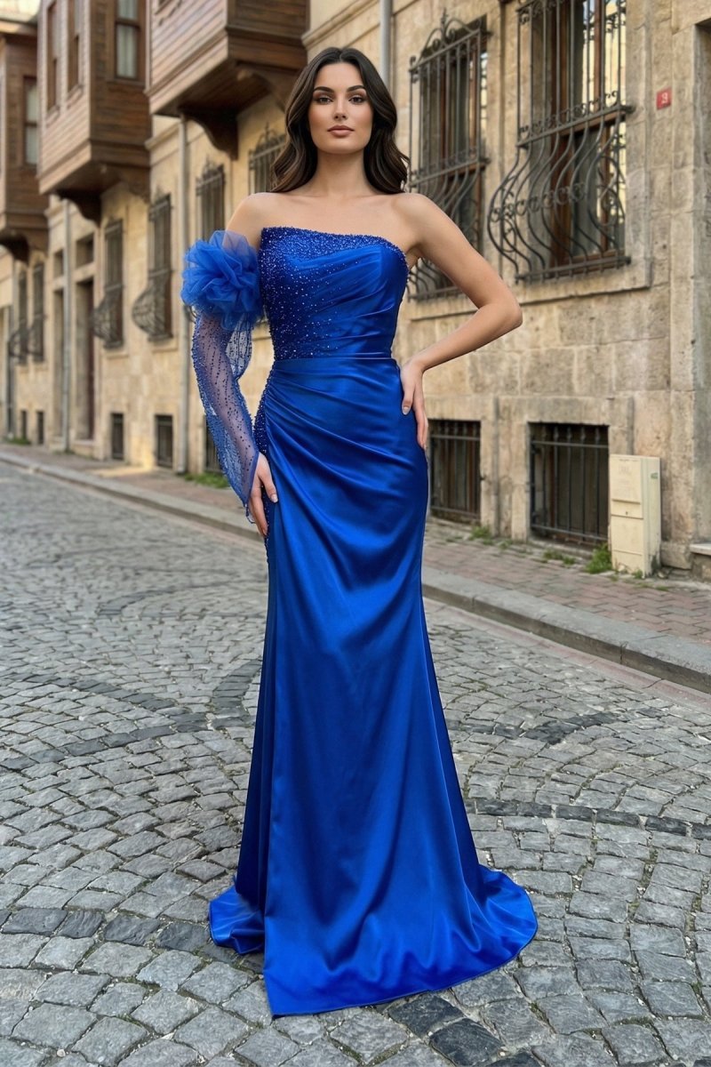 Mermaid One Shoulder Beaded Ruched Long Prom Dresses with Sleeve Evening Dresses, product image 1