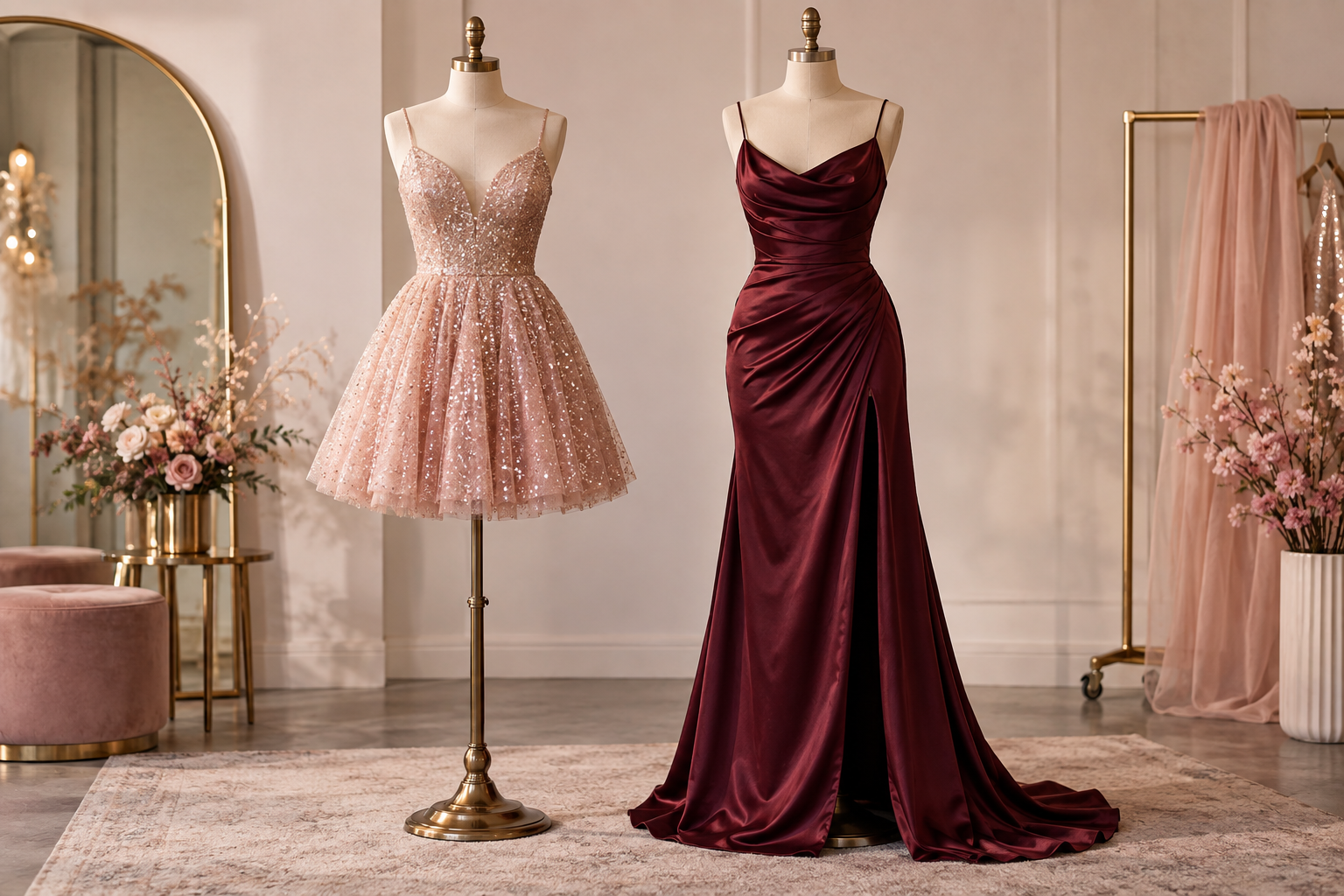 Short blush homecoming dress beside a long burgundy gown
