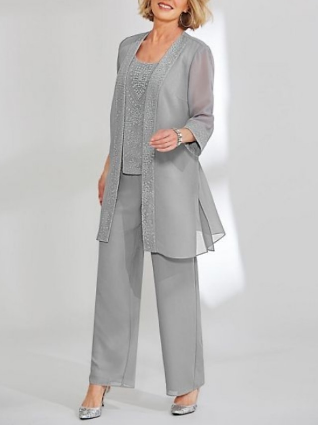3 piece mother of the bride dresses ankle length chiffon lace with solid color long sleeve elegant, supplier image 2