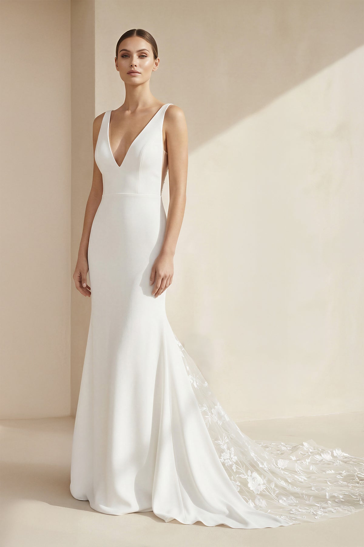 V-Neck Sleeveless Plunging Satin Mermaid Wedding Dresses in White, product image 1