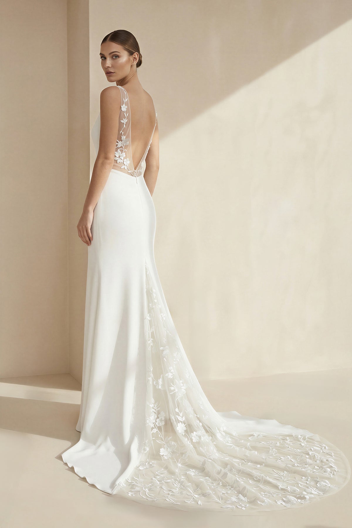 V-Neck Sleeveless Plunging Satin Mermaid Wedding Dresses in White, product image 2