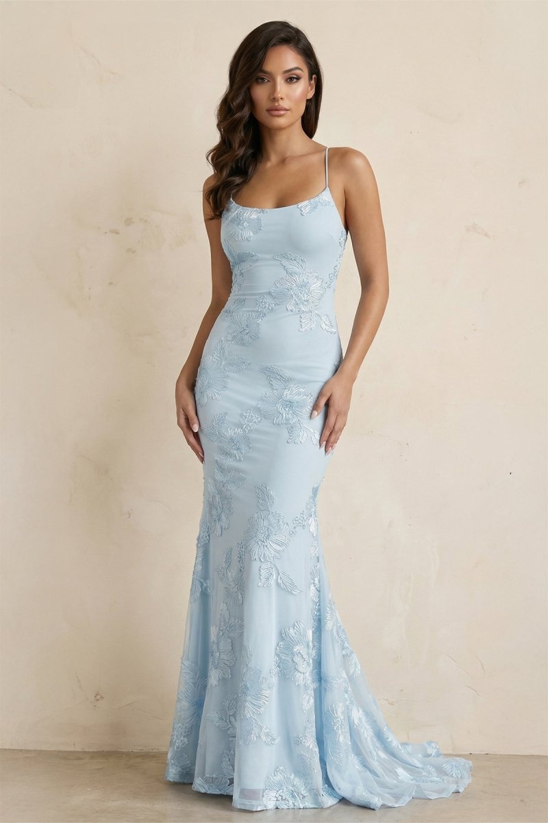 Sky Blue Spaghetti Straps Mermaid Tulle Long Prom Dresses With Appliques Evening Dresses in Sky Blue, US2