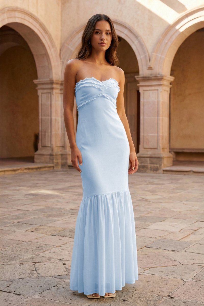 Yellow Strapless Sheath Chiffon Long Prom Dresses With Ruffles Evening Dresses, product image 17