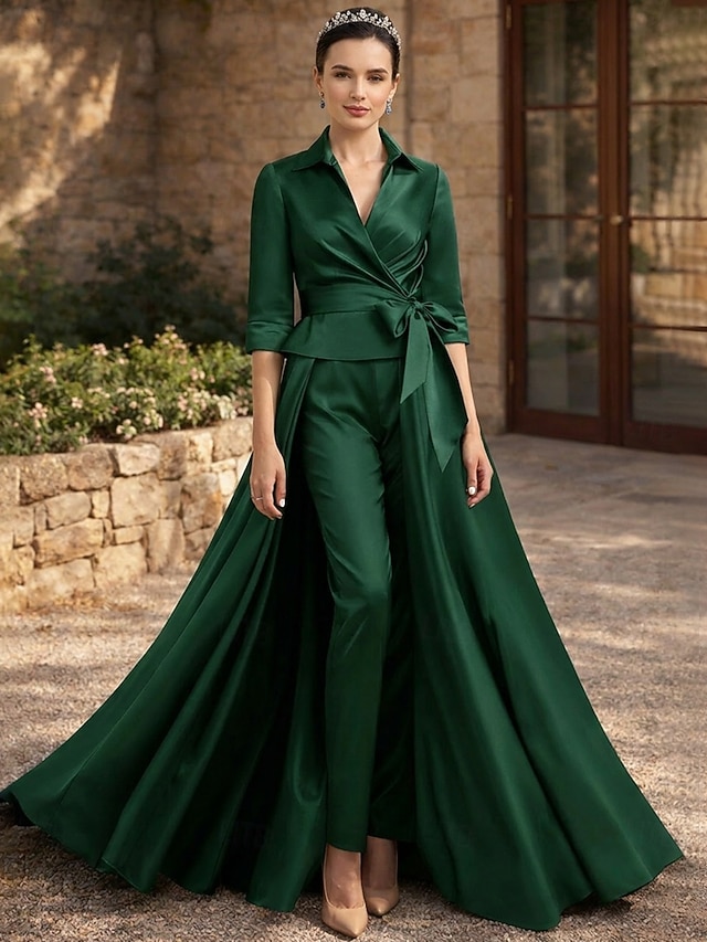 two piece jumpsuit pantsuit mother of the bride dresses ankle length satin with bow(s) half sleeve, supplier image 9