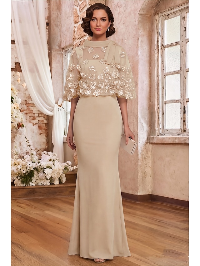 two piece floor length mother of the bride dresses wedding guest dresses cocktail dresses party dresses half sleeve short sleeve scoop neck crew neck, supplier image 1