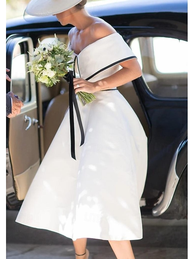 a-line tea-length little white dress wedding dress off-the-shoulder short sleeves stretch fabric, supplier image 7