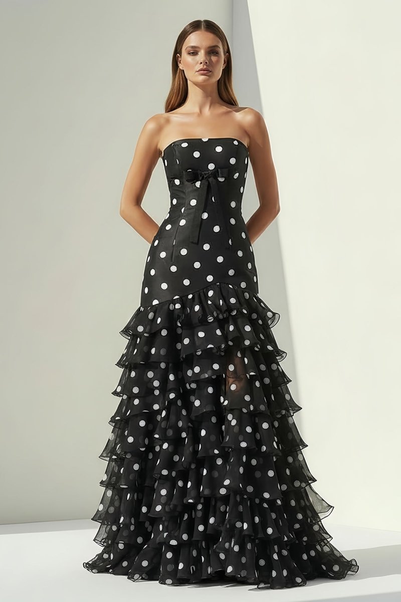 Black Strapless Sheath Polka Dots Chiffon Ruffled Prom Dresses With Bow Evening Dresses in Black, US2