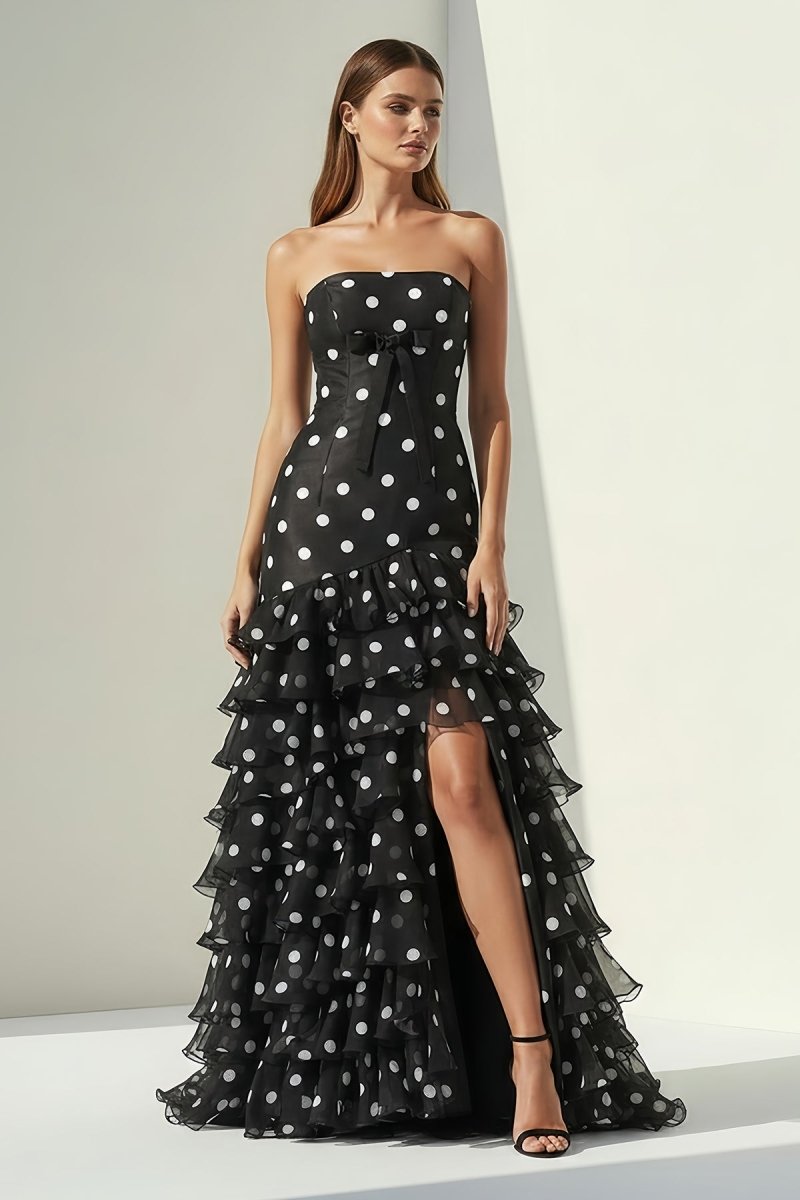 Black Strapless Sheath Polka Dots Chiffon Ruffled Prom Dresses With Bow Evening Dresses, product image 4