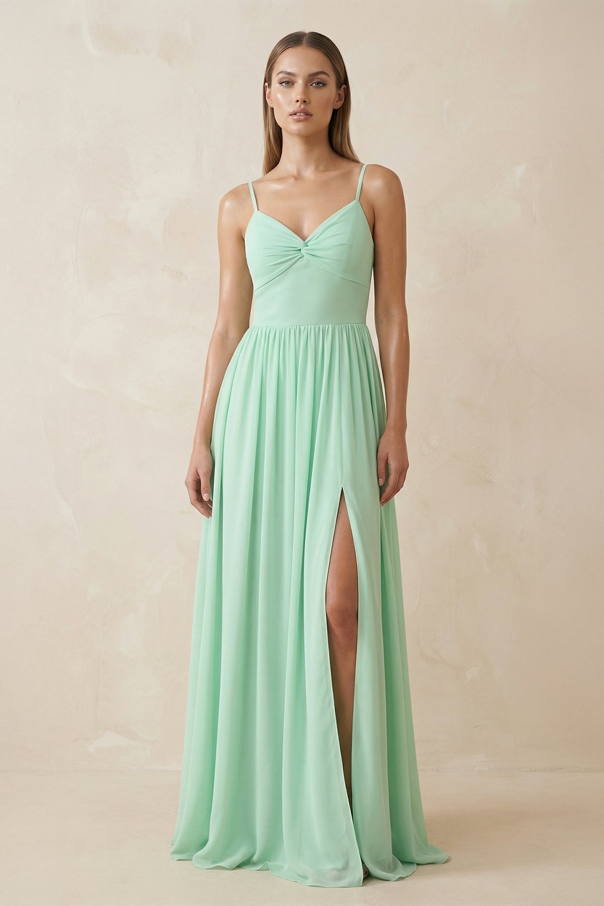 Spaghetti Strap Pleated A-Line Chiffon Bridesmaid Dresses in Pale Pistachio, product image 1