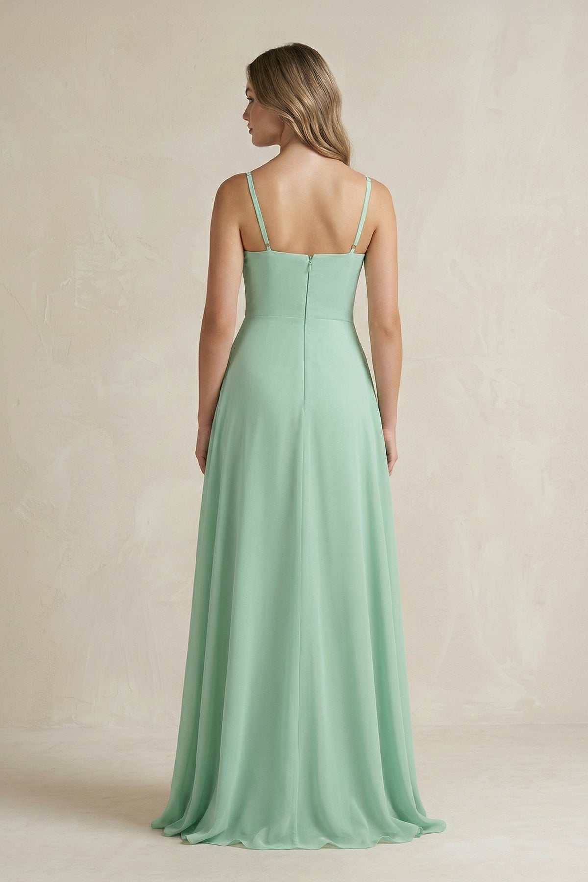 Spaghetti Strap Ruffled A-Line Chiffon Bridesmaid Dresses in Pale Pistachio, product image 2
