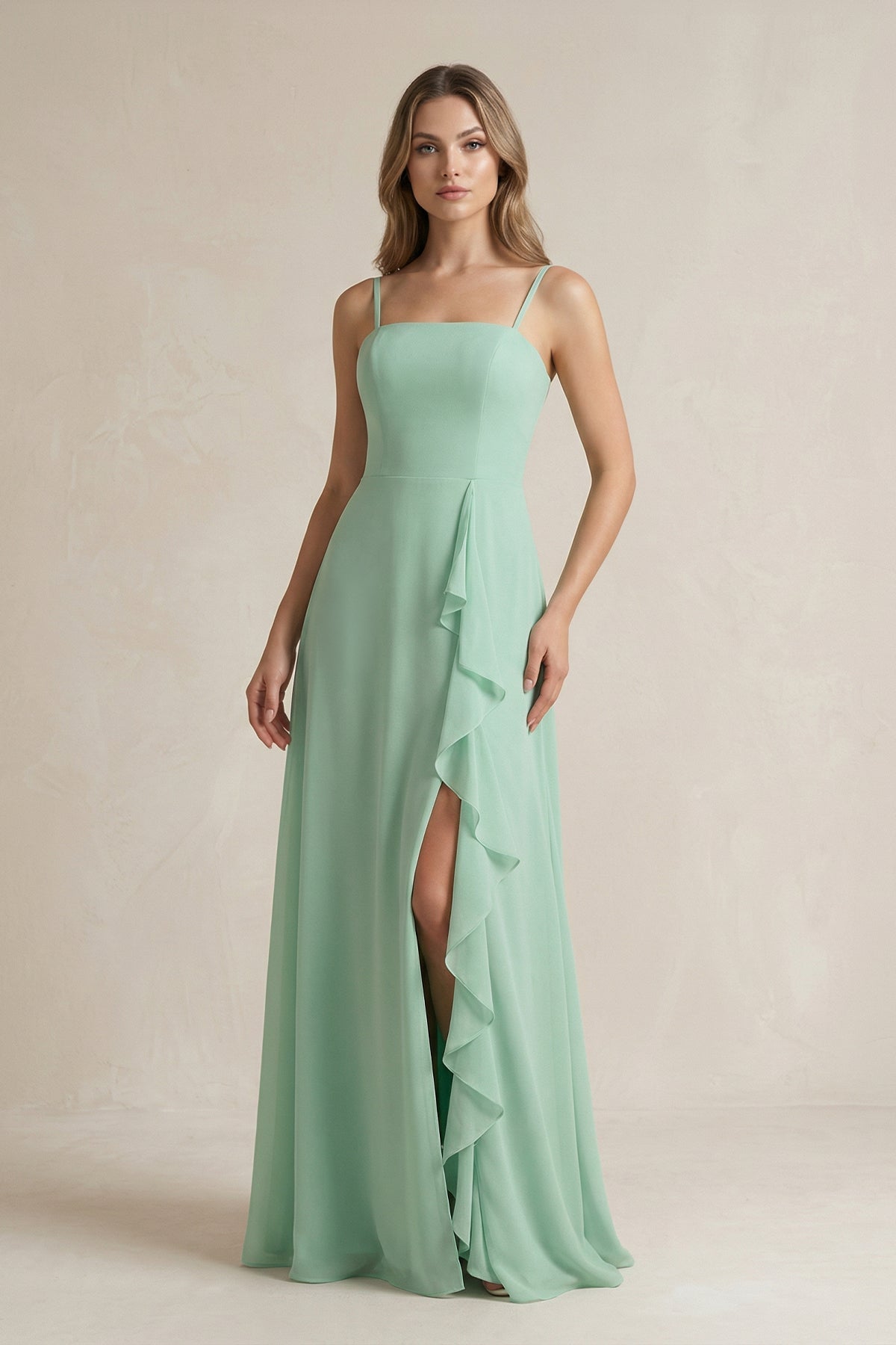 Spaghetti Strap Ruffled A-Line Chiffon Bridesmaid Dresses in Pale Pistachio, product image 1